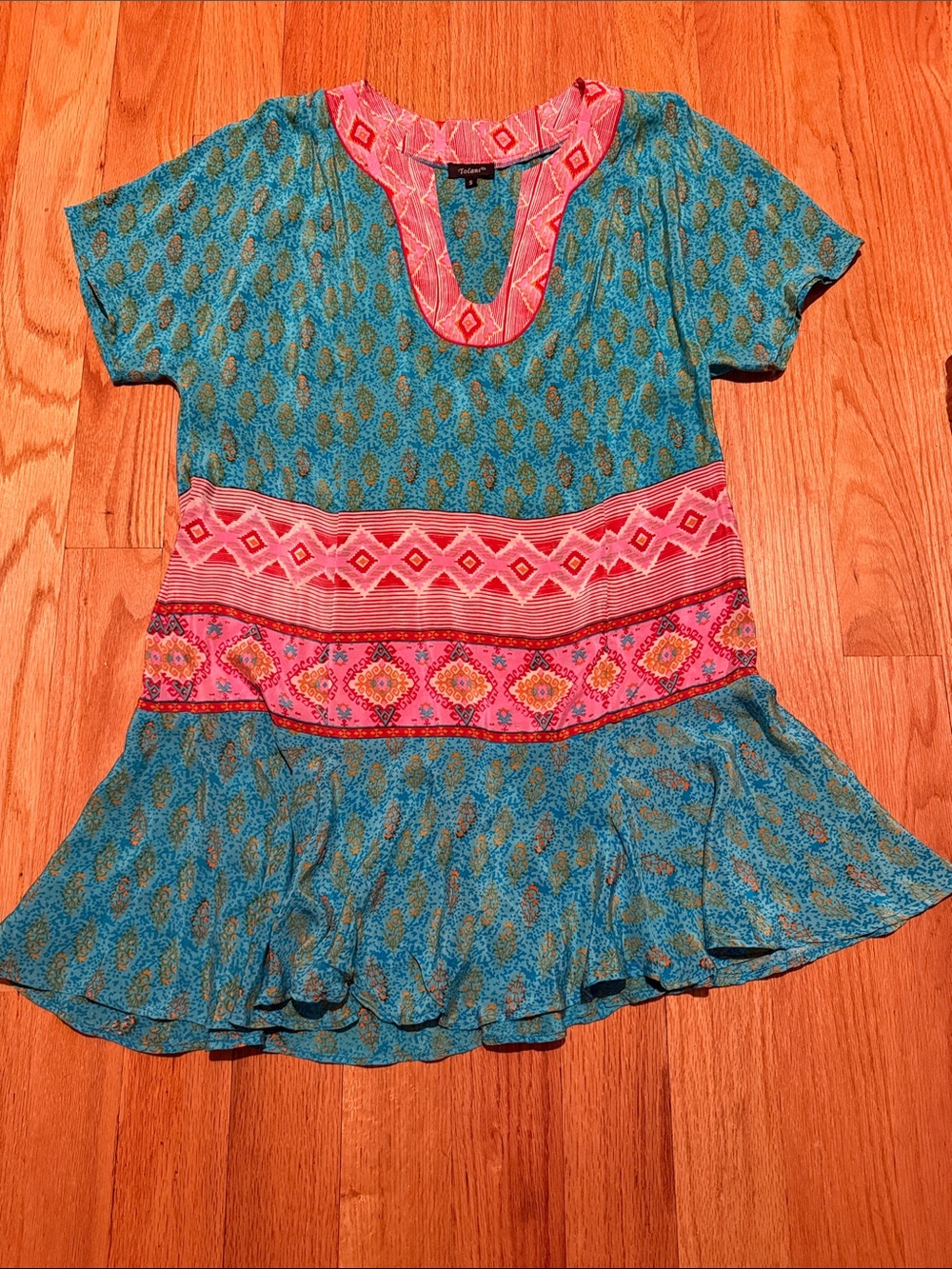 Tolani 100% Silk Boho Luxe Tunic Dress Turquoise Pink Geometric Ruffle Hem Small - Picture 3 of 15